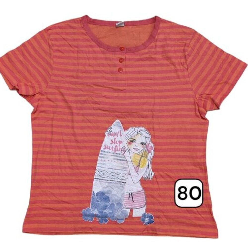 Can’t Stop Surfing Red & Orange Tee – Girl with Surfboard Graphic Tee for Women